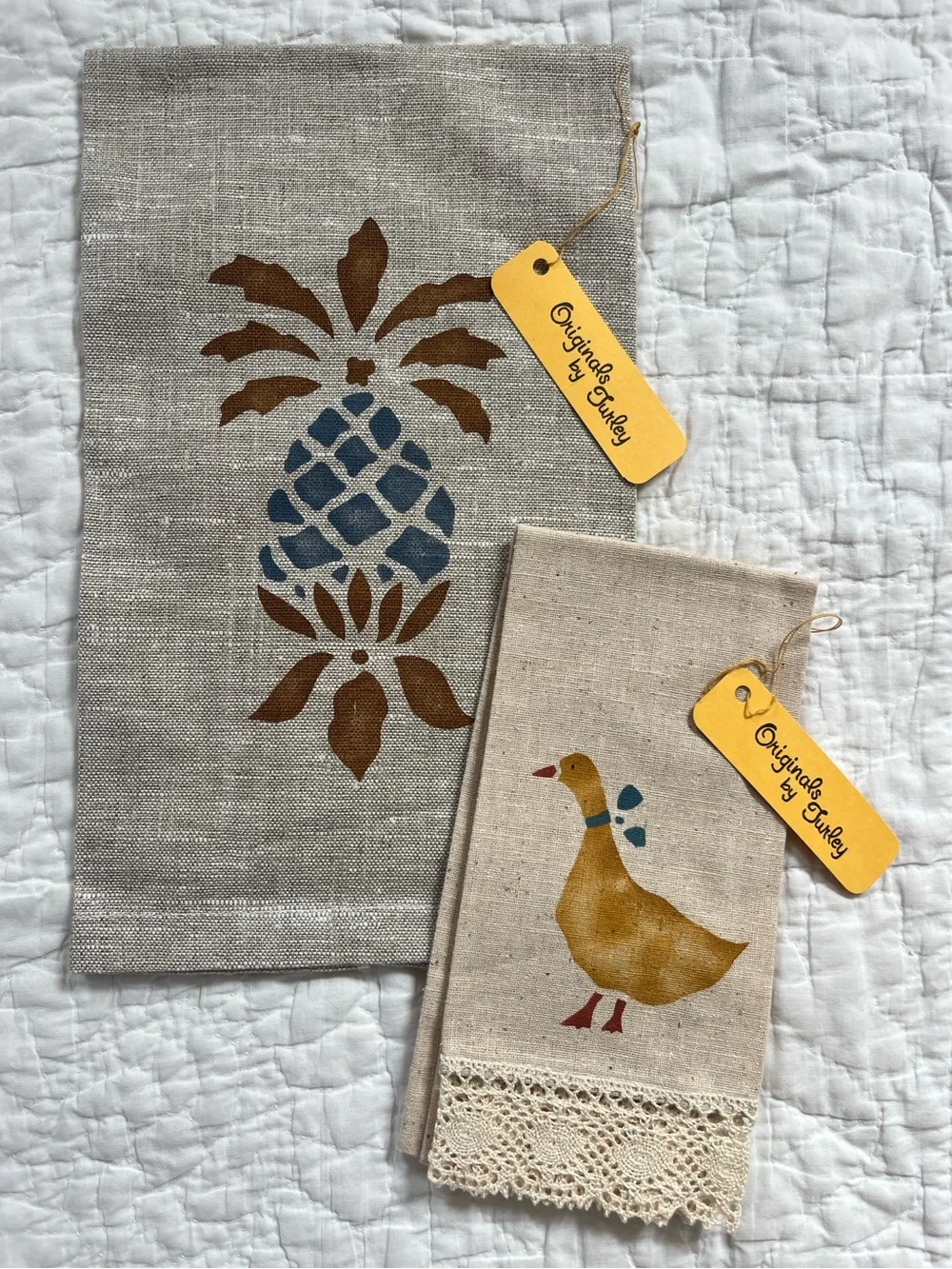 NWT Vtg Linen Kitchen Tea Towel Fingertip Farmhouse Stencil Lace Pineapple Goose